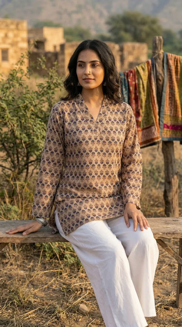 Cream_Hand_Block_Printed_Pure_Cotton_Short_Kurti_For_Women