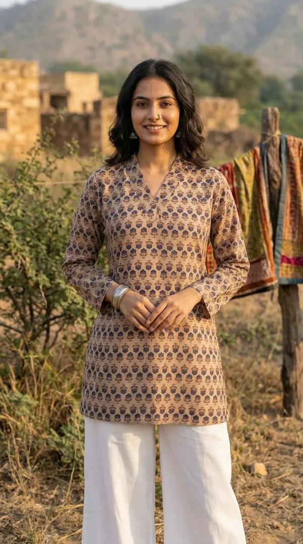 Cream_Hand_Block_Printed_Pure_Cotton_Short_Kurti_For_Women