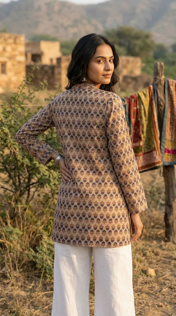Cream_Hand_Block_Printed_Pure_Cotton_Short_Kurti_For_Women