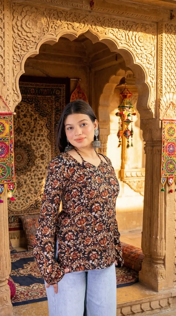 Brown_Hand_Block_Printed_Pure_Cotton_Short_Kurti_For_Women