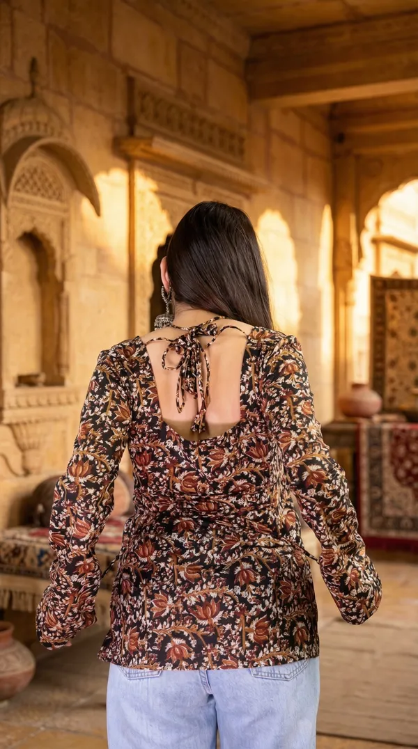 Brown_Hand_Block_Printed_Pure_Cotton_Short_Kurti_For_Women