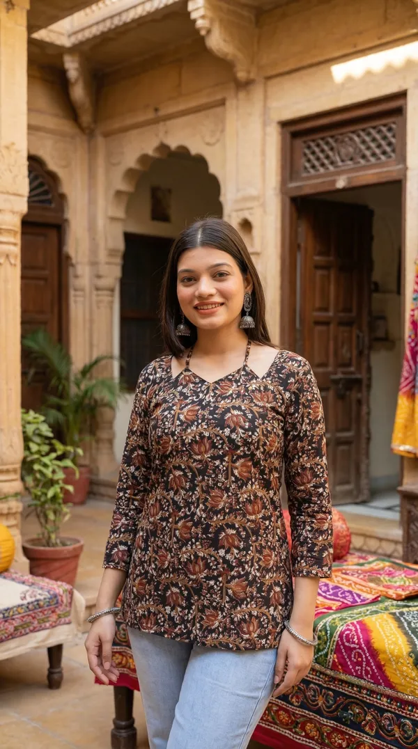 Brown_Hand_Block_Printed_Pure_Cotton_Short_Kurti_For_Women
