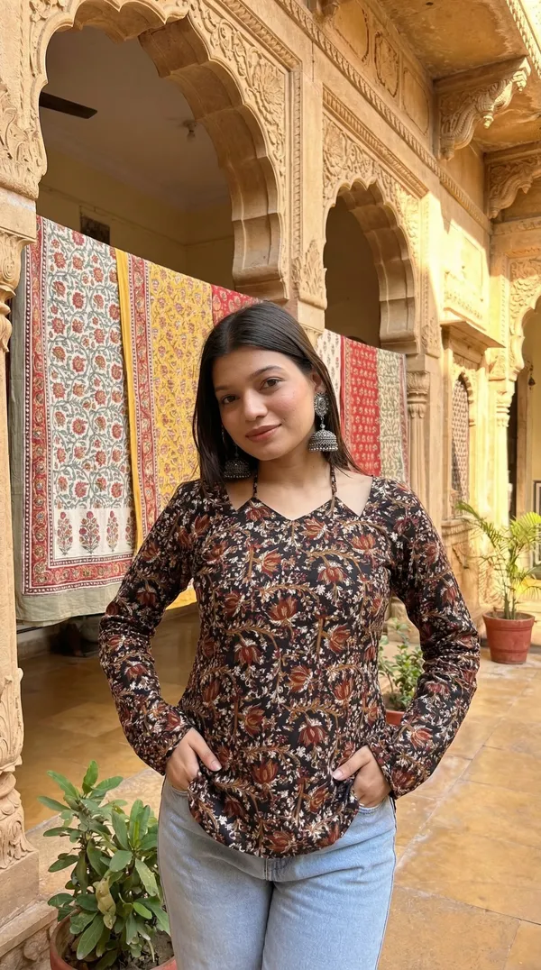 Brown_Hand_Block_Printed_Pure_Cotton_Short_Kurti_For_Women
