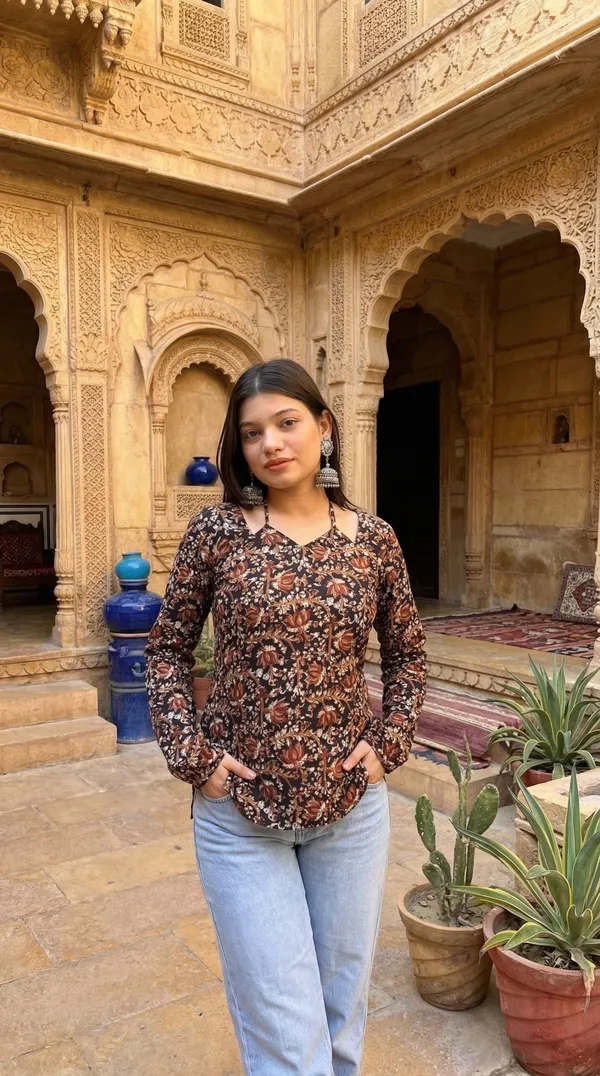 Brown_Hand_Block_Printed_Pure_Cotton_Short_Kurti_For_Women