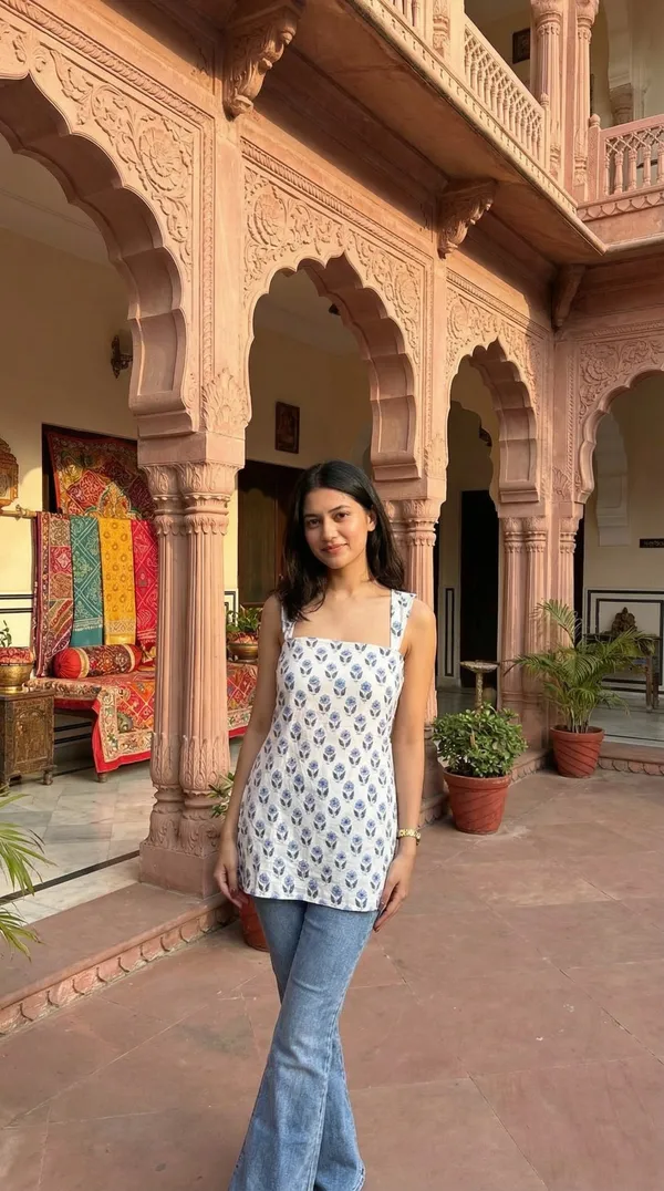 White_Block_Printed_Pure_Cotton_Short_Kurti_For_Women