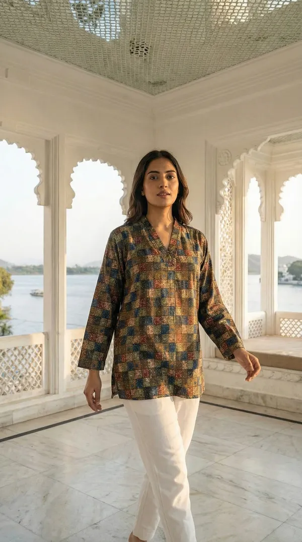 Brown_Hand_Block_Printed_Pure_Cotton_Short_Kurti_For_Women