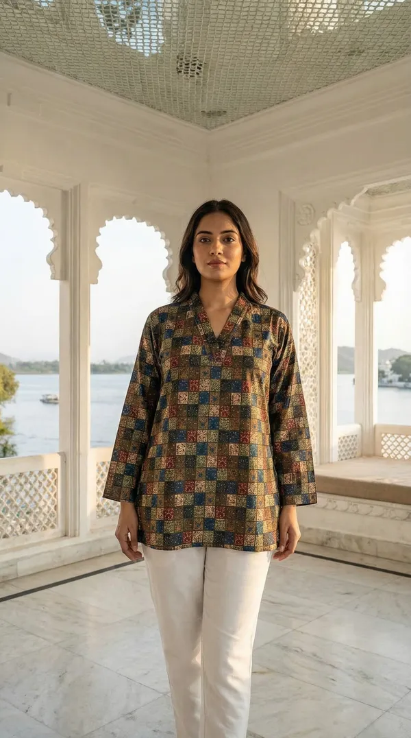 Brown_Hand_Block_Printed_Pure_Cotton_Short_Kurti_For_Women