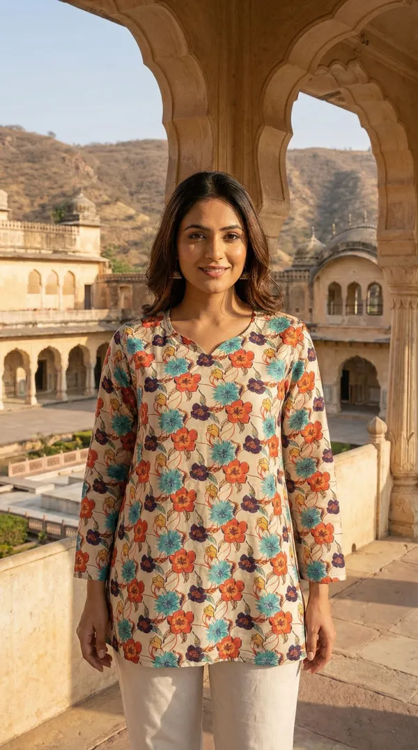 Cream_Hand_Block_Printed_Pure_Cotton_Short_Kurti_For_Women
