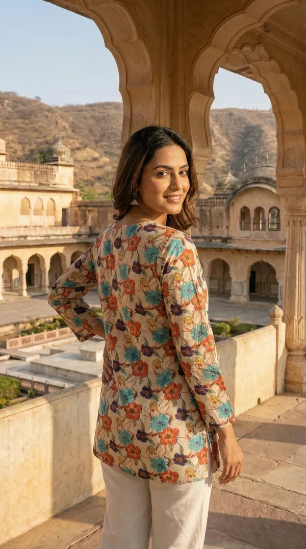 Cream_Hand_Block_Printed_Pure_Cotton_Short_Kurti_For_Women