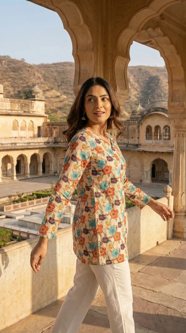 Cream_Hand_Block_Printed_Pure_Cotton_Short_Kurti_For_Women