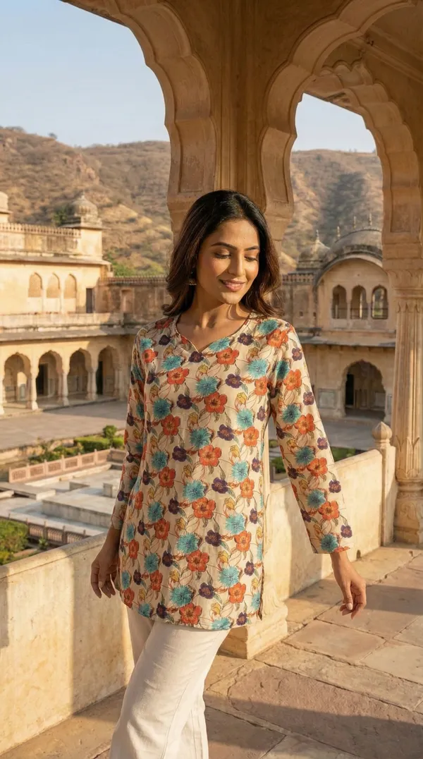 Cream_Hand_Block_Printed_Pure_Cotton_Short_Kurti_For_Women