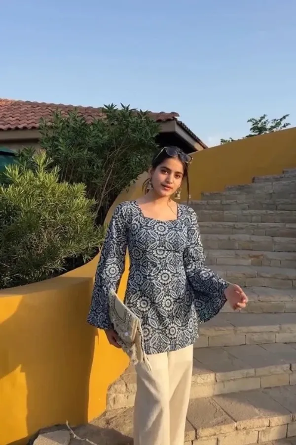 Light_Blue_Hand_Block_Printed_Pure_Cotton_Short_Kurti_For_Women