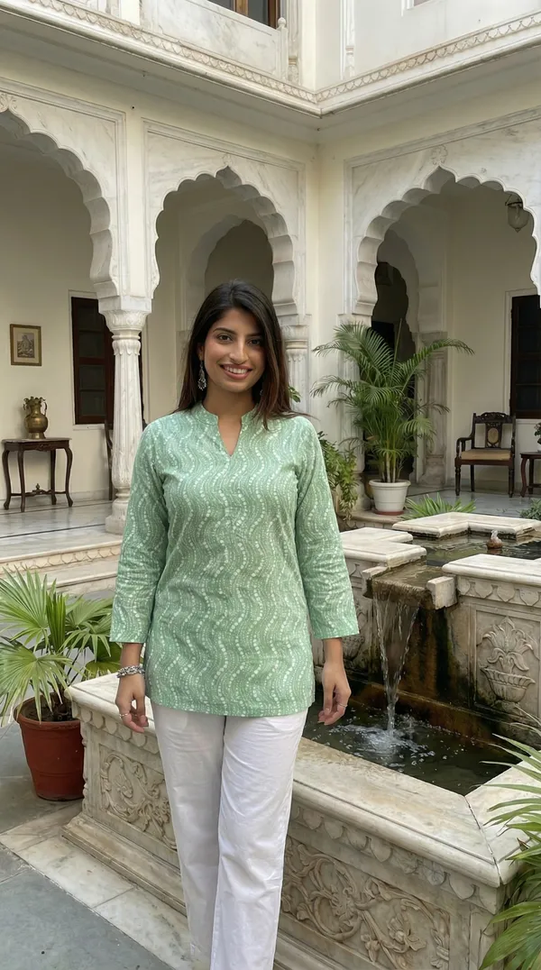 Light_Green_Block_Printed_Pure_Cotton_Short_Kurti_For_Women