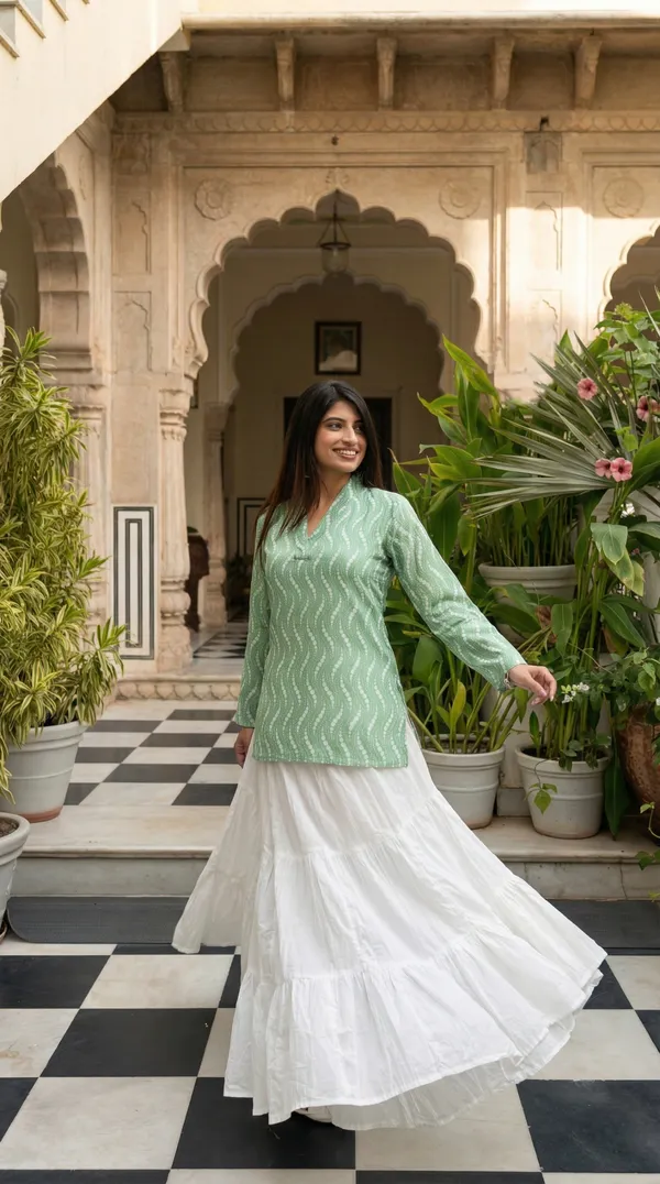 Light_Green_Block_Printed_Pure_Cotton_Short_Kurti_For_Women