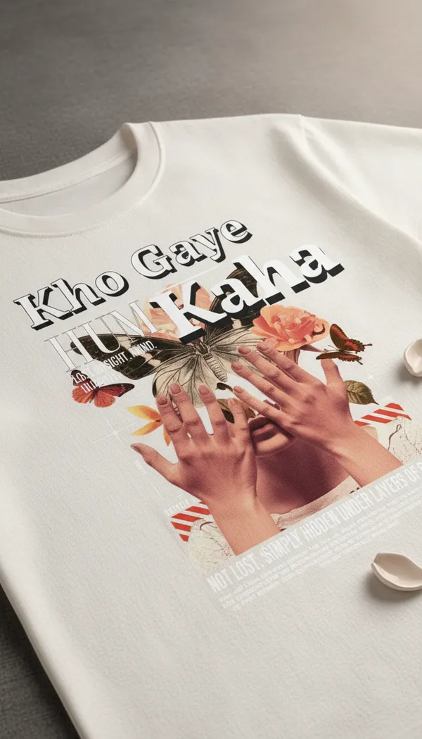 White_Cotton_Graphic_Kho_Gaye_Hum_Kaha_Collage_T-Shirt_For_Unisex