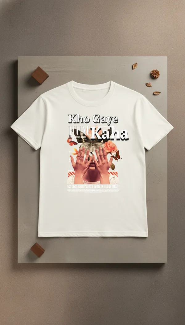 White_Cotton_Graphic_Kho_Gaye_Hum_Kaha_Collage_T-Shirt_For_Unisex
