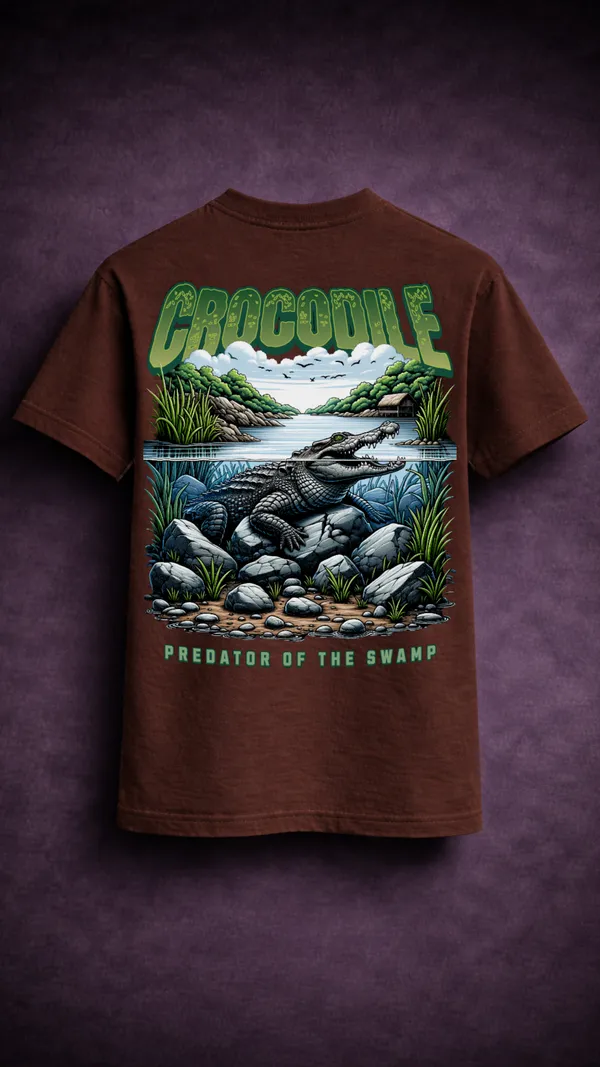 Brown_Cotton_Graphic_Crocodile_Predator_Of_The_Swamp_T-Shirt_For_Unisex