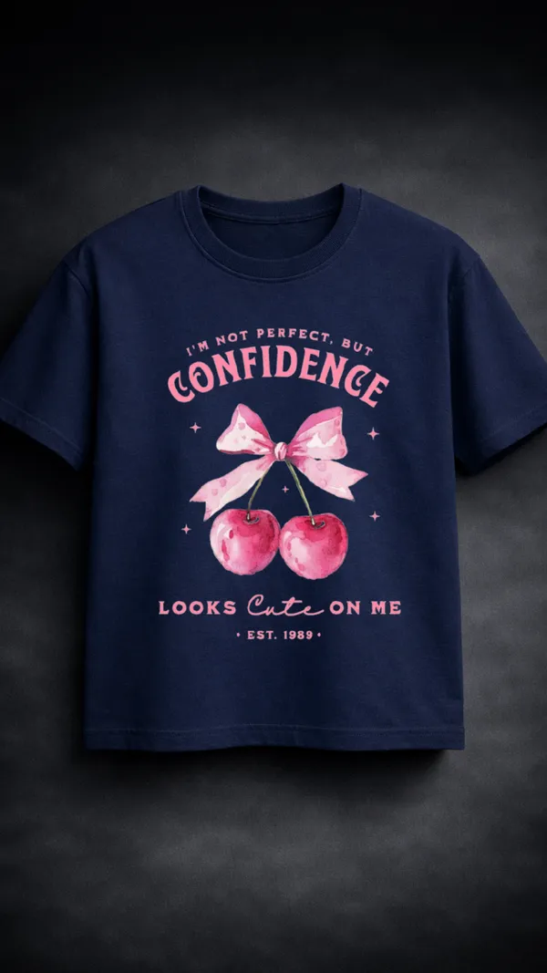 Blue_Cotton_Graphic_Confidence_Cherry_Bow_Print_T-Shirt_For_Unisex