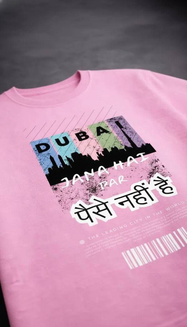 Pink_Cotton_Graphic_Dubai_Hindi_Text_Cityscape_T-Shirt_For_Unisex