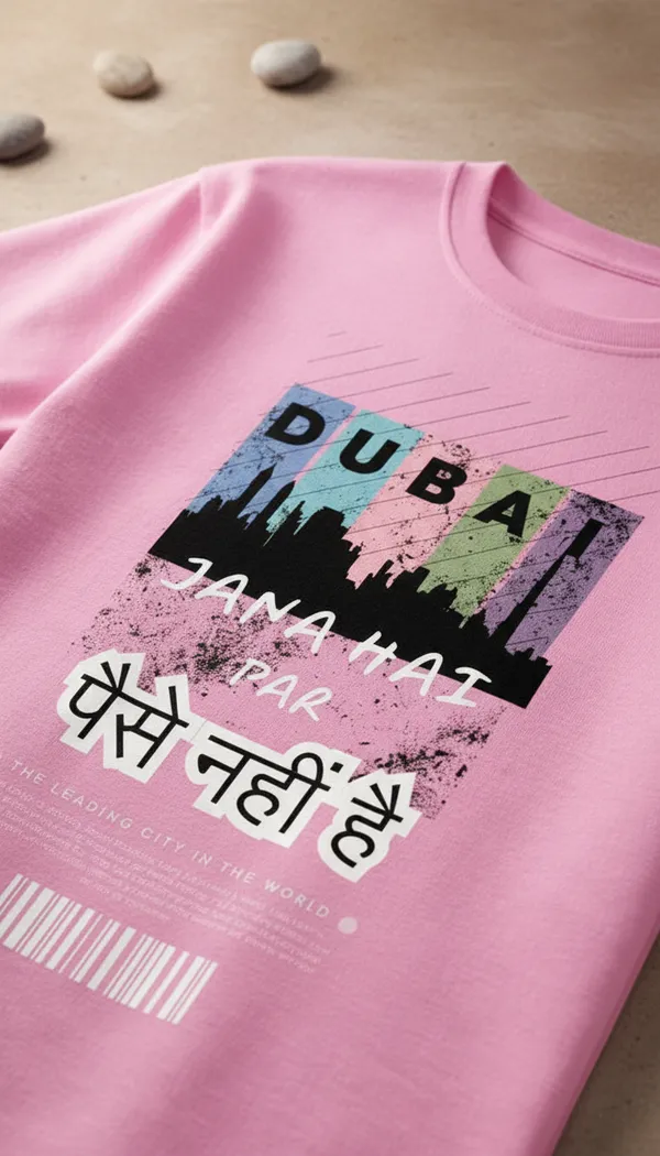 Pink_Cotton_Graphic_Dubai_Hindi_Text_Cityscape_T-Shirt_For_Unisex