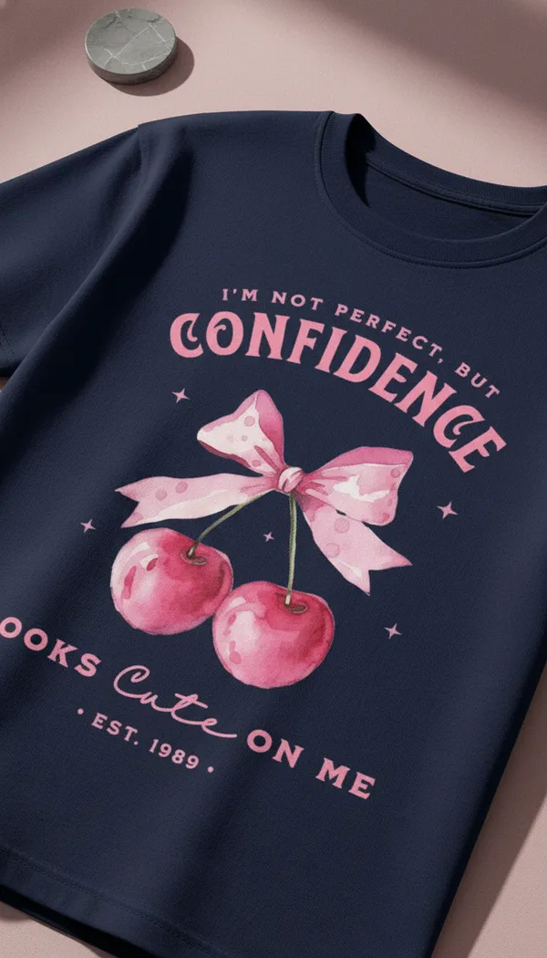 Blue_Cotton_Graphic_Confidence_Cherry_Bow_Print_T-Shirt_For_Unisex