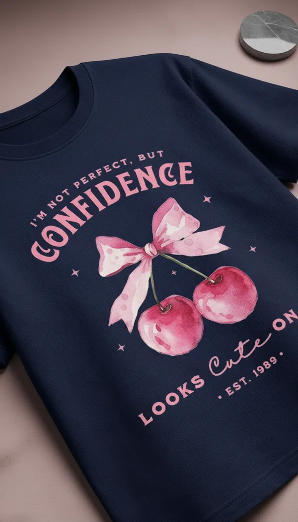 Blue_Cotton_Graphic_Confidence_Cherry_Bow_Print_T-Shirt_For_Unisex