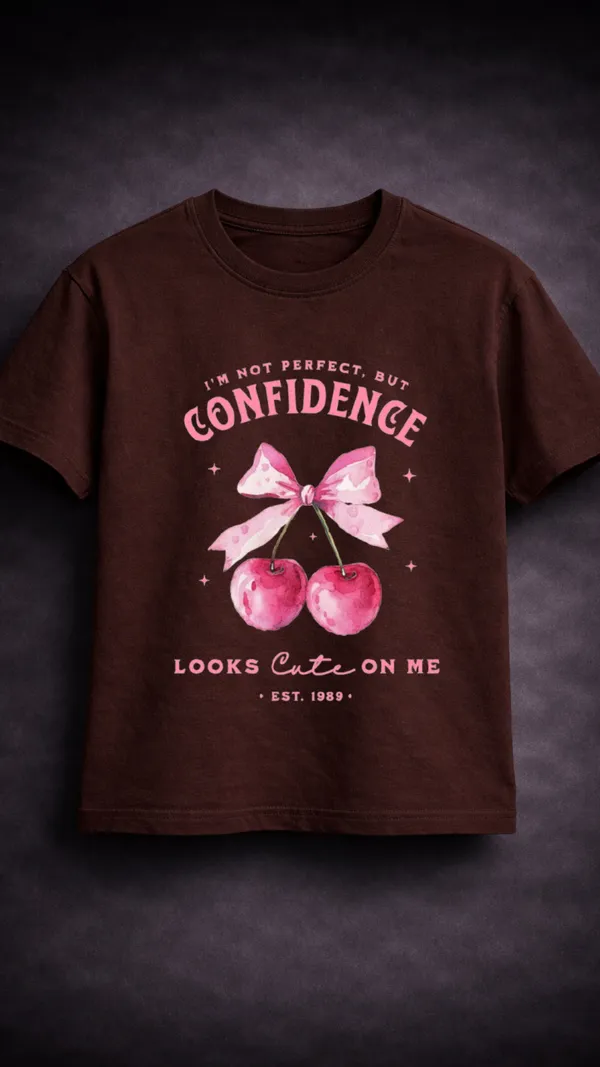 Brown_Cotton_Graphic_Confidence_Looks_Cute_On_Me_Cherry_T-Shirt_For_Unisex