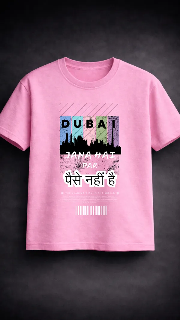 Pink_Cotton_Graphic_Dubai_Hindi_Text_Cityscape_T-Shirt_For_Unisex