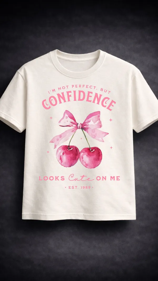 White_Cotton_Graphic_Confidence_Looks_Cute_On_Me_Cherry_T-Shirt_For_Unisex
