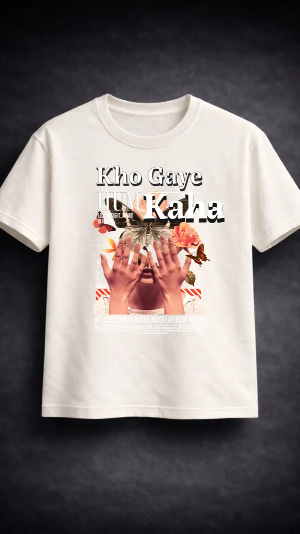 White_Cotton_Graphic_Kho_Gaye_Hum_Kaha_Collage_T-Shirt_For_Unisex