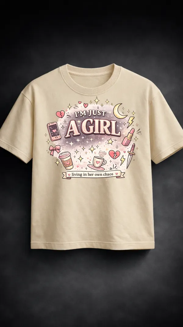 Beige_Cotton_Oversized_Im_Just_A_Girl_Chaos_Graphic_T-Shirt_For_Unisex