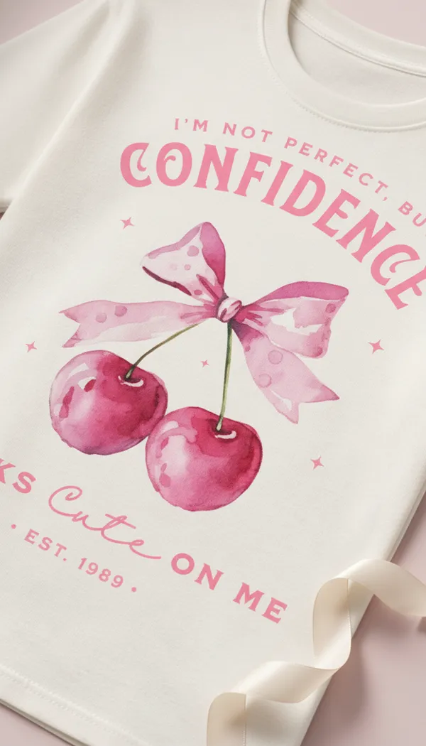 White_Cotton_Graphic_Confidence_Looks_Cute_On_Me_Cherry_T-Shirt_For_Unisex