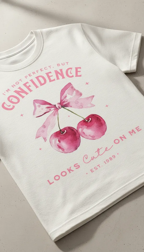 White_Cotton_Graphic_Confidence_Looks_Cute_On_Me_Cherry_T-Shirt_For_Unisex