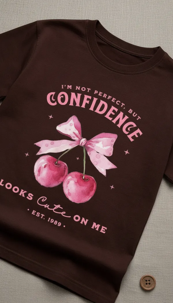 Brown_Cotton_Graphic_Confidence_Looks_Cute_On_Me_Cherry_T-Shirt_For_Unisex