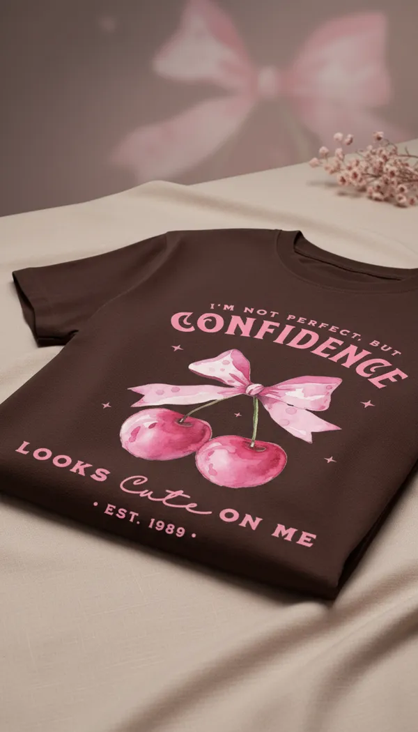 Brown_Cotton_Graphic_Confidence_Looks_Cute_On_Me_Cherry_T-Shirt_For_Unisex