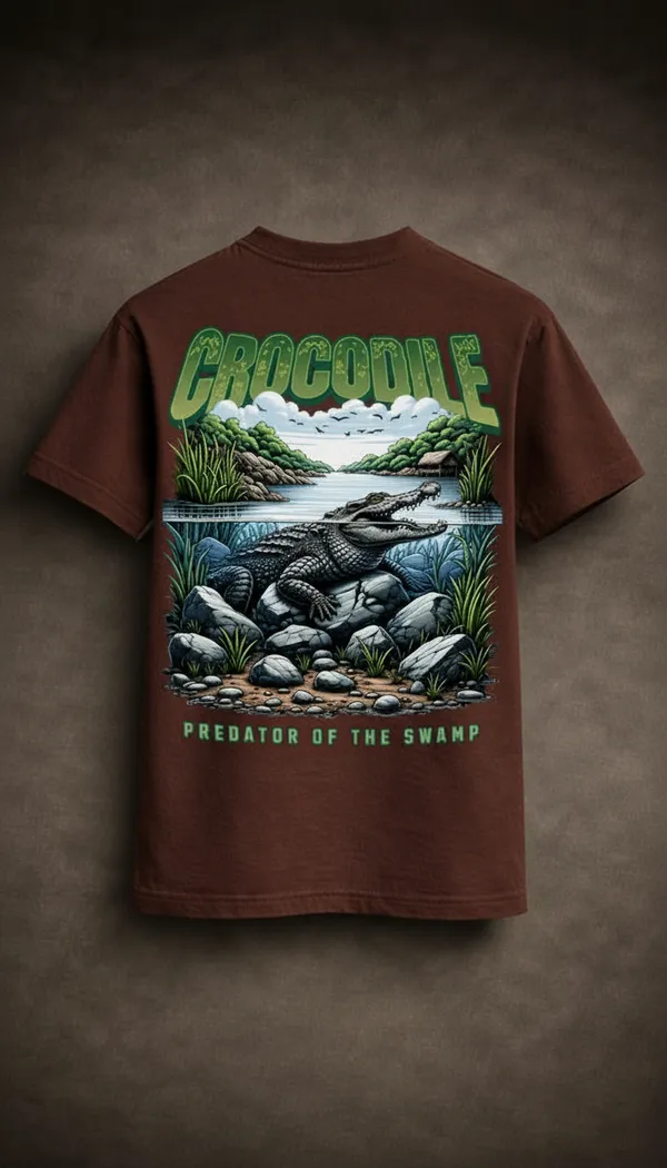 Brown_Cotton_Graphic_Crocodile_Predator_Of_The_Swamp_T-Shirt_For_Unisex