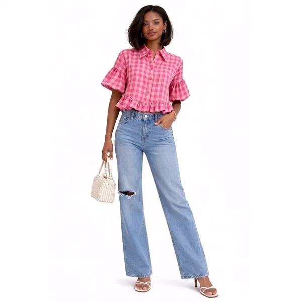 Womens_Pink_Gingham_Ruffle_Crop_Shirt_|_Puff_Sleeve_Peplum_Summer_Top