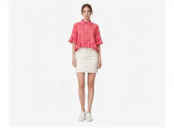 Womens_Cropped_Ruffle_Hem_Shirt_In_Pink_Geometric_Heart_Print_|_Flowy_Summer_Top_With_Frill_Sleeves