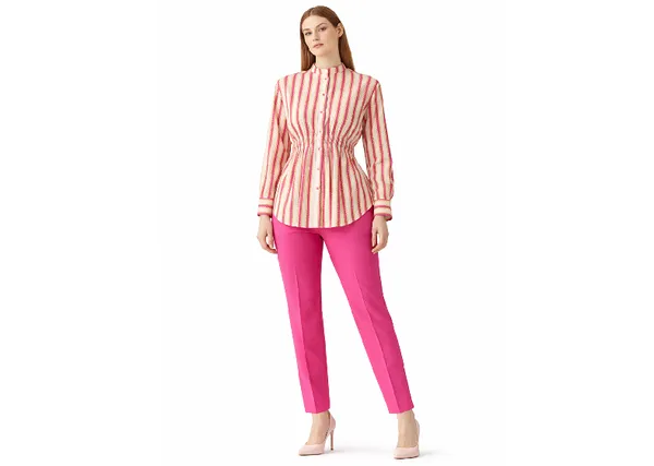 Womens_Retro_Striped_Mandarin_Collar_Shirt_With_Elasticated_Waist_|_Slim_Fit_Long_Sleeve_Formal_Top