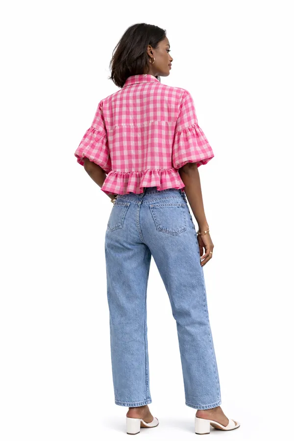 Womens_Pink_Gingham_Ruffle_Crop_Shirt_|_Puff_Sleeve_Peplum_Summer_Top