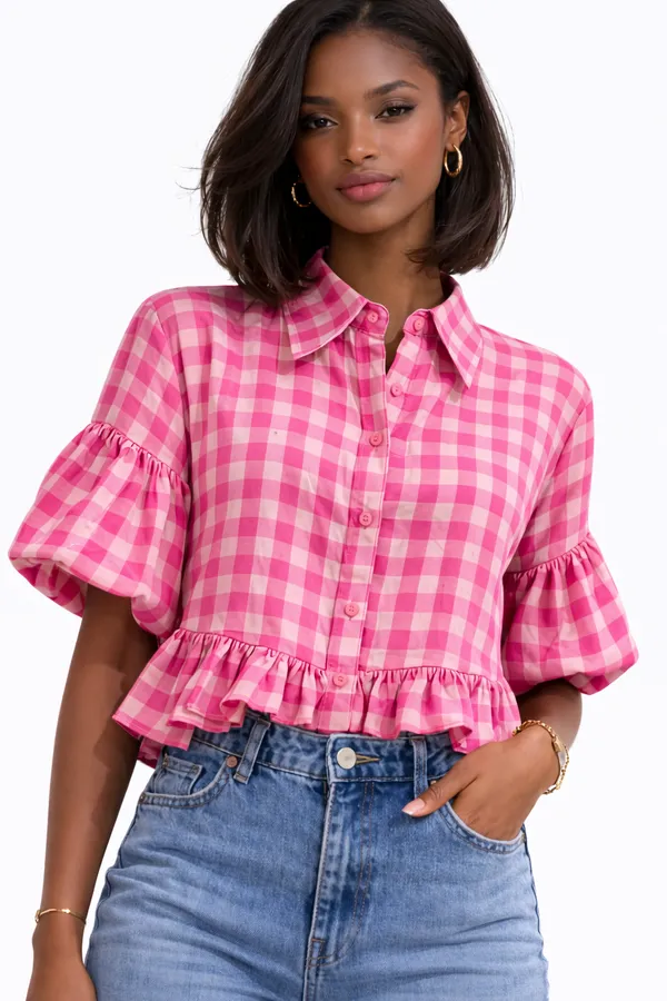 Womens_Pink_Gingham_Ruffle_Crop_Shirt_|_Puff_Sleeve_Peplum_Summer_Top