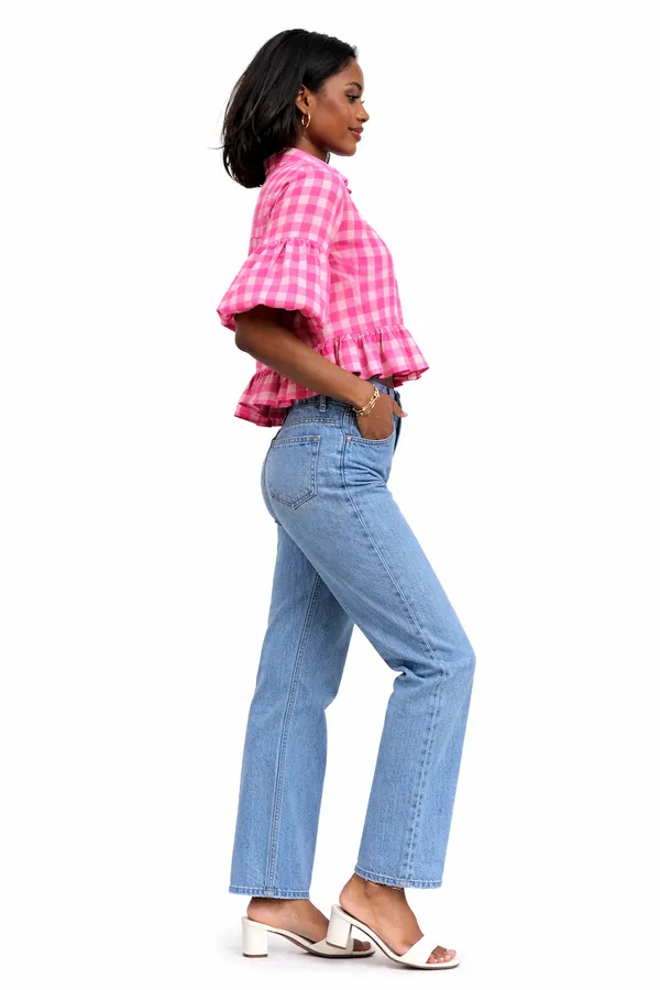 Womens_Pink_Gingham_Ruffle_Crop_Shirt_|_Puff_Sleeve_Peplum_Summer_Top