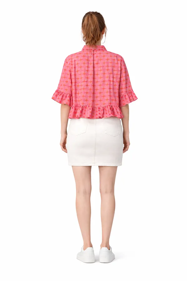 Womens_Cropped_Ruffle_Hem_Shirt_In_Pink_Geometric_Heart_Print_|_Flowy_Summer_Top_With_Frill_Sleeves