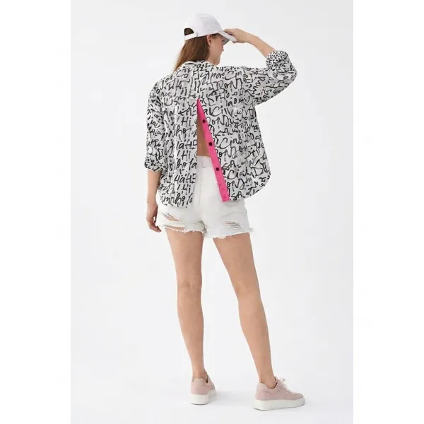 Womens_Graphic_Script_Print_Shirt_With_Back_Open_Detail_&_Contrast_Pink_Placket_|_Casual_Statement_Streetwear_Top