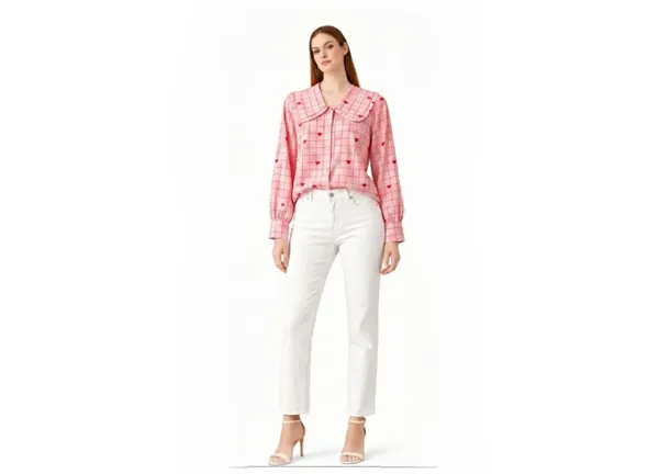 Womens_Pink_Heart_Print_Shirt_With_Peter_Pan_Collar_|_Cute_Grid_Pattern_Casual_Top