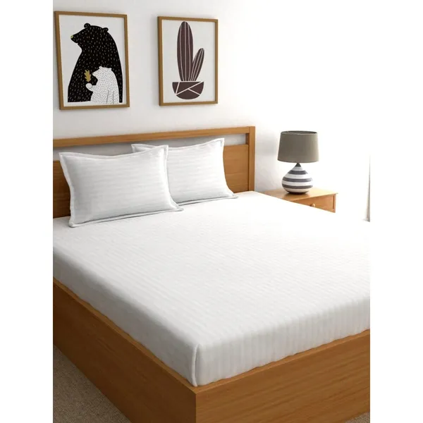 White_Microfiber_Satin_Stripe_Bedsheet_Set_Double_Bed