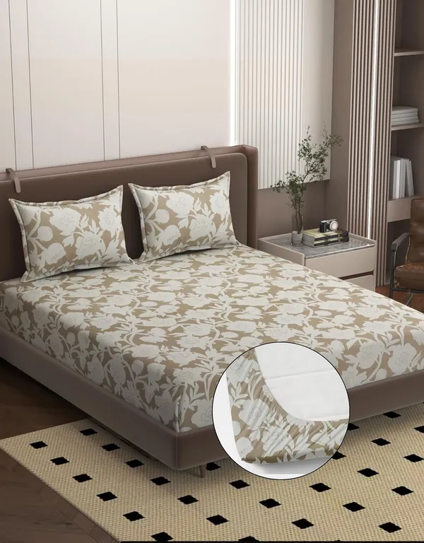 Cream_Microfiber_Fitted_Bedsheet_With_Pillow_Covers_Set