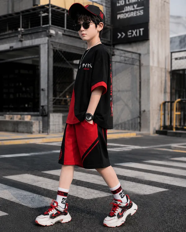 Boys_Red_Color_Stylized_cotton_anime_style_Half_Sleeve_and_Half_pant_Set