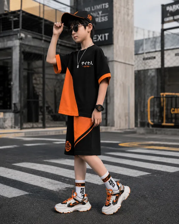 Boys_Orange_Color_Stylized_cotton_anime_style_Half_Sleeve_and_Half_pant_Set