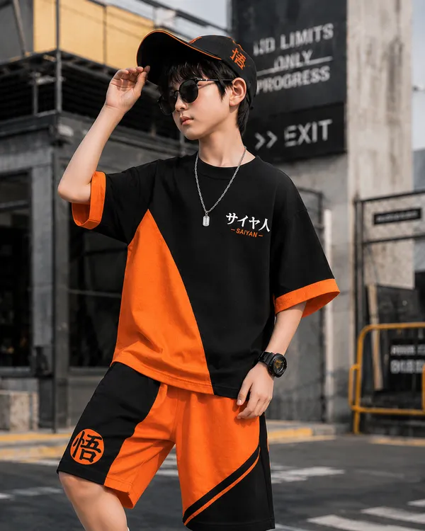 Boys_Orange_Color_Stylized_cotton_anime_style_Half_Sleeve_and_Half_pant_Set